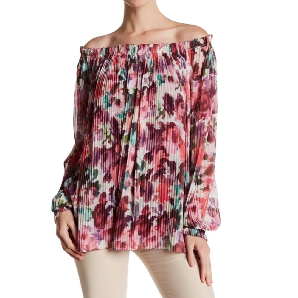 St. John Brigette Floral Print Georgette Pleated Blouse Large Cerise NWOT